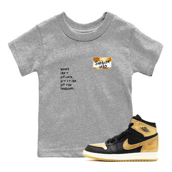 AJ1 Black Metallic Gold shirts to match jordans Sneakerhead Badge sneaker match tees Jordan 1 High OG Black and Gold SNRT Sneaker Tees streetwear brand Baby and Youth Heather Grey 1 cotton tee
