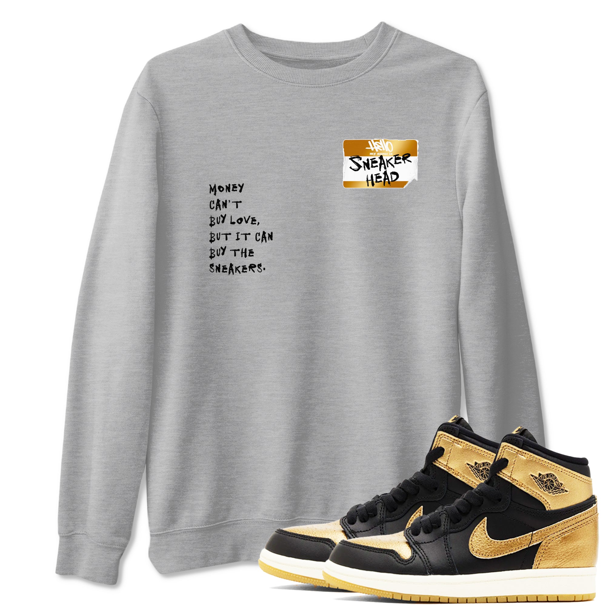 AJ1 Black Metallic Gold shirts to match jordans Sneakerhead Badge sneaker match tees Jordan 1 High OG Black and Gold SNRT Sneaker Tees streetwear brand Heather Grey 1 unisex cotton tee