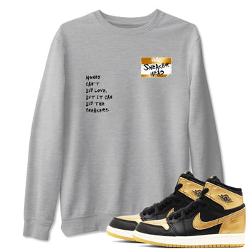AJ1 Black Metallic Gold shirts to match jordans Sneakerhead Badge sneaker match tees Jordan 1 High OG Black and Gold SNRT Sneaker Tees streetwear brand Heather Grey 1 unisex cotton tee