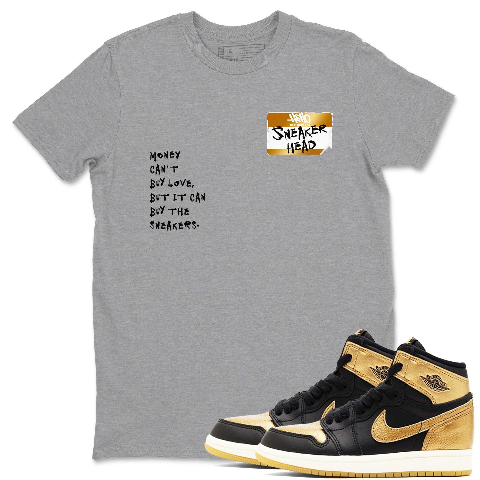 AJ1 Black Metallic Gold shirts to match jordans Sneakerhead Badge sneaker match tees Jordan 1 High OG Black and Gold SNRT Sneaker Tees streetwear brand Heather Grey 1 unisex cotton tee