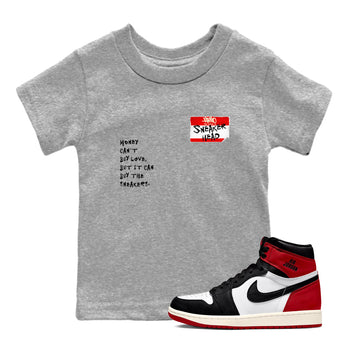 AJ1 Black Toe Reimagined shirts to match jordans Sneakerhead Badge sneaker match tees Air Jordan 1 Black Toe Reimagined SNRT Sneaker Tees streetwear brand Baby and Youth Heather Grey 1 cotton tee