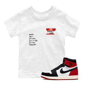 AJ1 Black Toe Reimagined shirts to match jordans Sneakerhead Badge sneaker match tees Air Jordan 1 Black Toe Reimagined SNRT Sneaker Tees streetwear brand Baby and Youth White 1 cotton tee