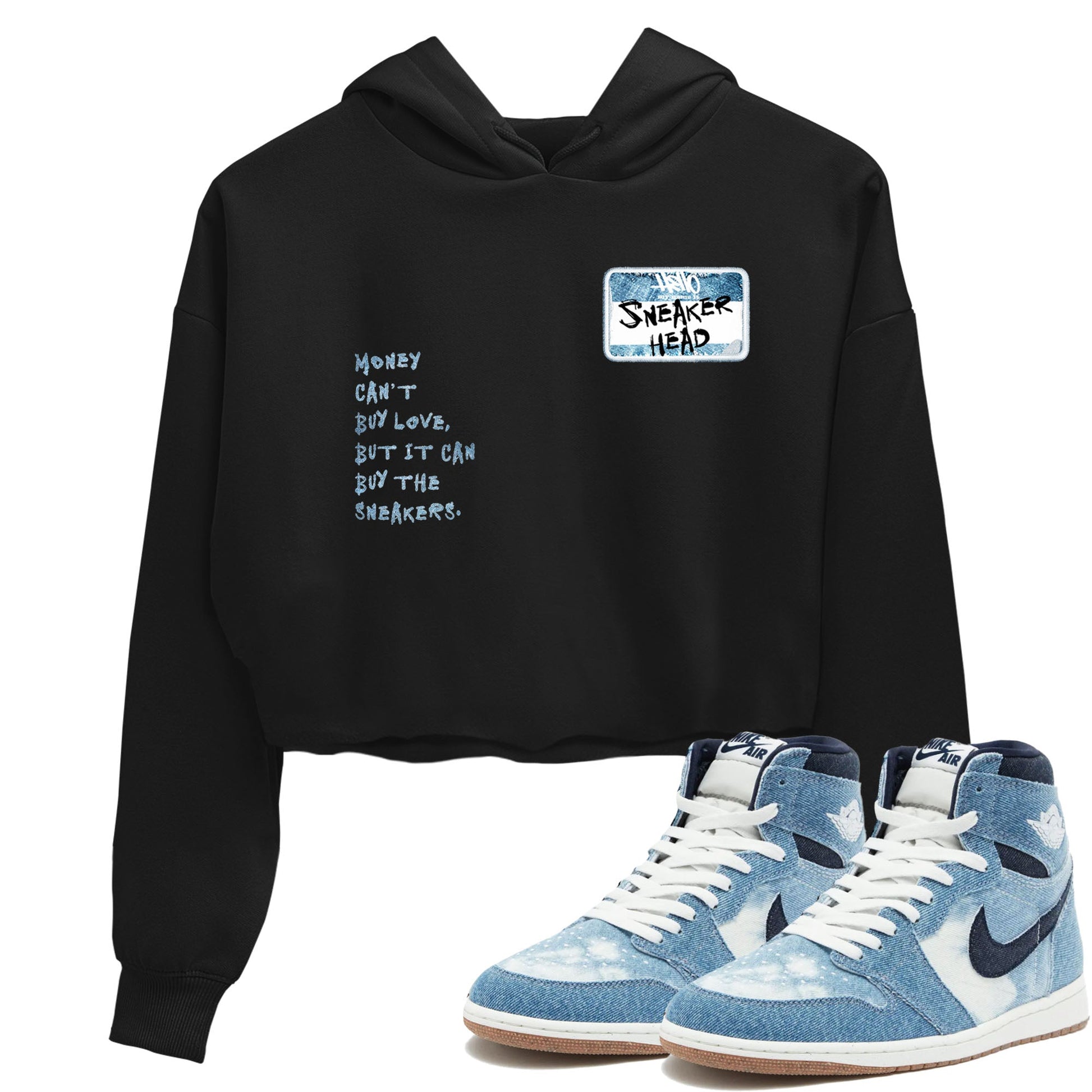 1s Denim shirt to match jordans Sneakerhead Badge sneaker tees Air Jordan 1 Denim SNRT Sneaker Release Tees Black 1 crop length shirt