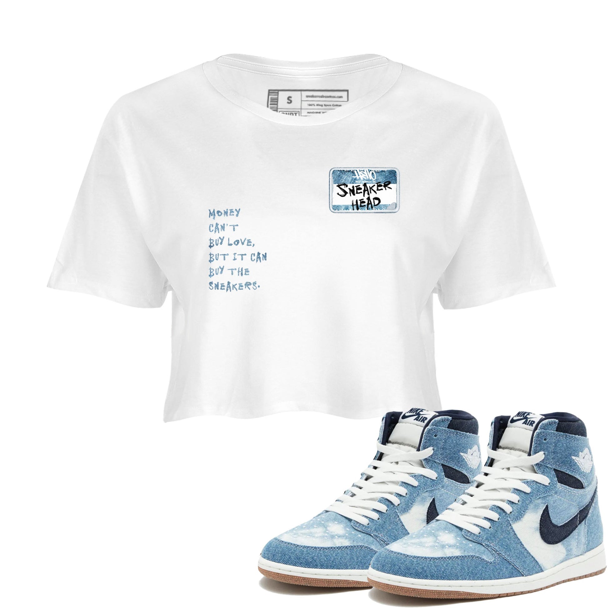 1s Denim shirt to match jordans Sneakerhead Badge sneaker tees Air Jordan 1 Denim SNRT Sneaker Release Tees White 1 crop length shirt