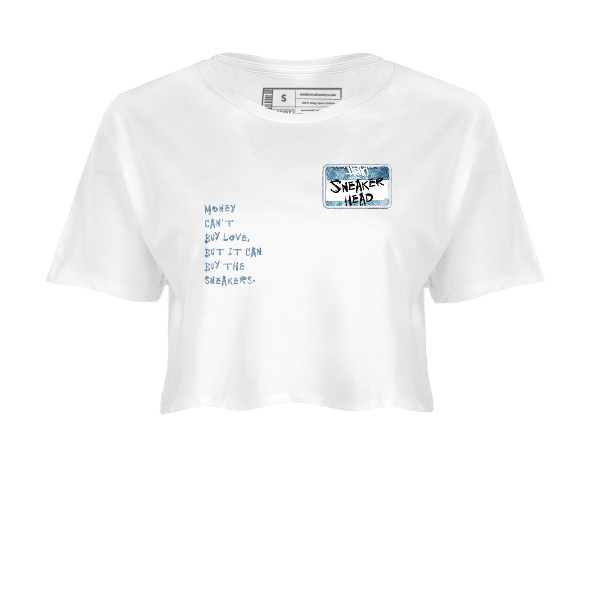 1s Denim shirt to match jordans Sneakerhead Badge sneaker tees Air Jordan 1 Denim SNRT Sneaker Release Tees White 2 crop length shirt