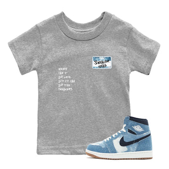 1s Denim shirt to match jordans Sneakerhead Badge sneaker tees Air Jordan 1 Denim SNRT sneaker release tees baby toddler Heather Grey 1 cotton Shirt