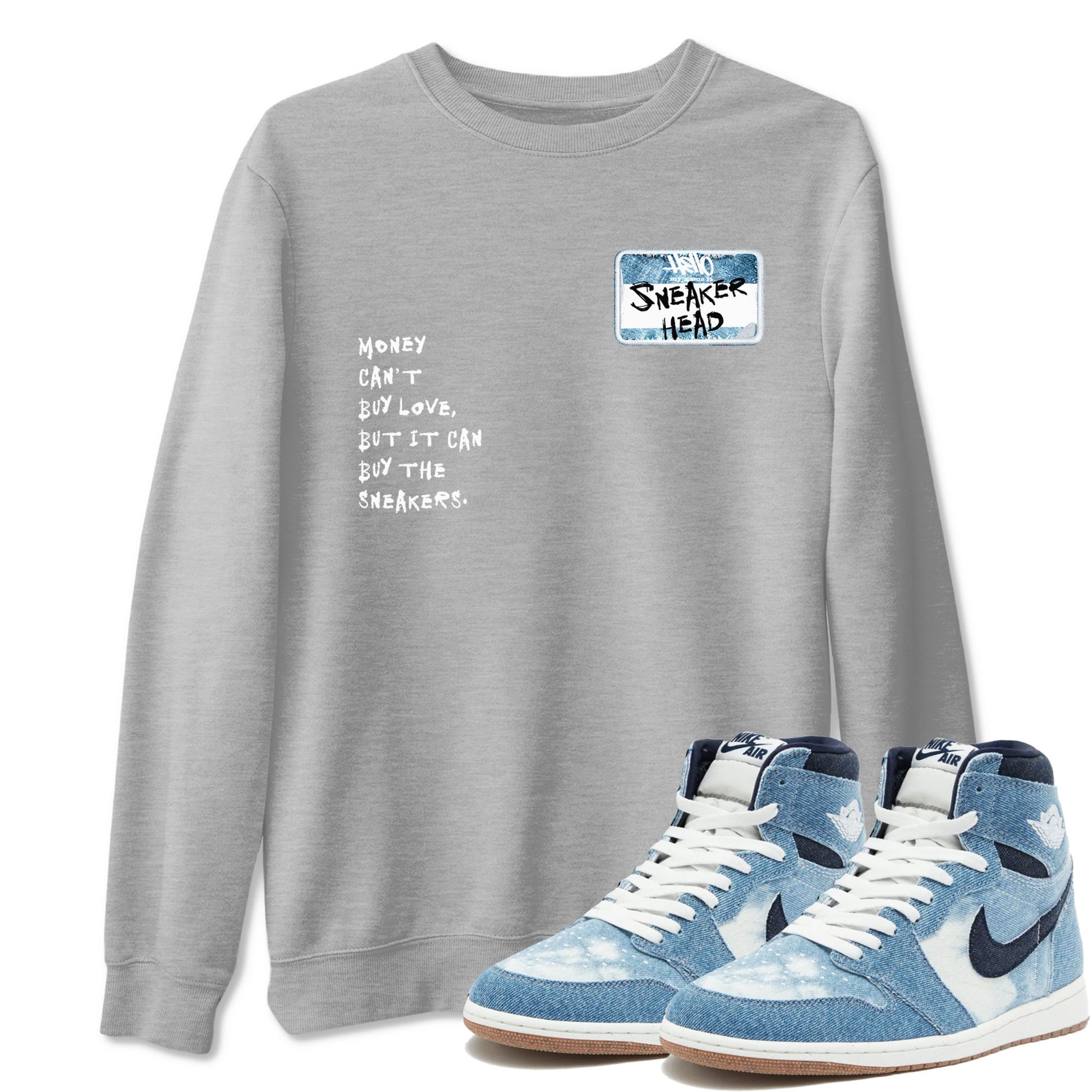 1s Denim shirt to match jordans Sneakerhead Badge sneaker tees Air Jordan 1 Denim SNRT Sneaker Release Tees unisex cotton Heather Grey 1 crew neck shirt