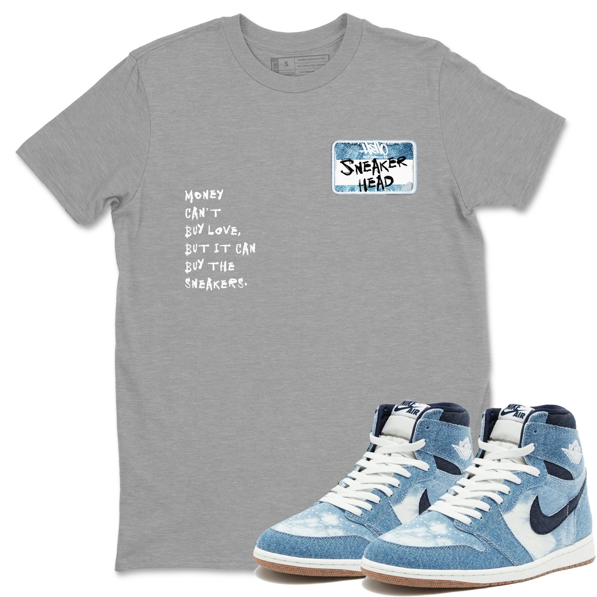 1s Denim shirt to match jordans Sneakerhead Badge sneaker tees Air Jordan 1 Denim SNRT Sneaker Release Tees unisex cotton Heather Grey 1 crew neck shirt