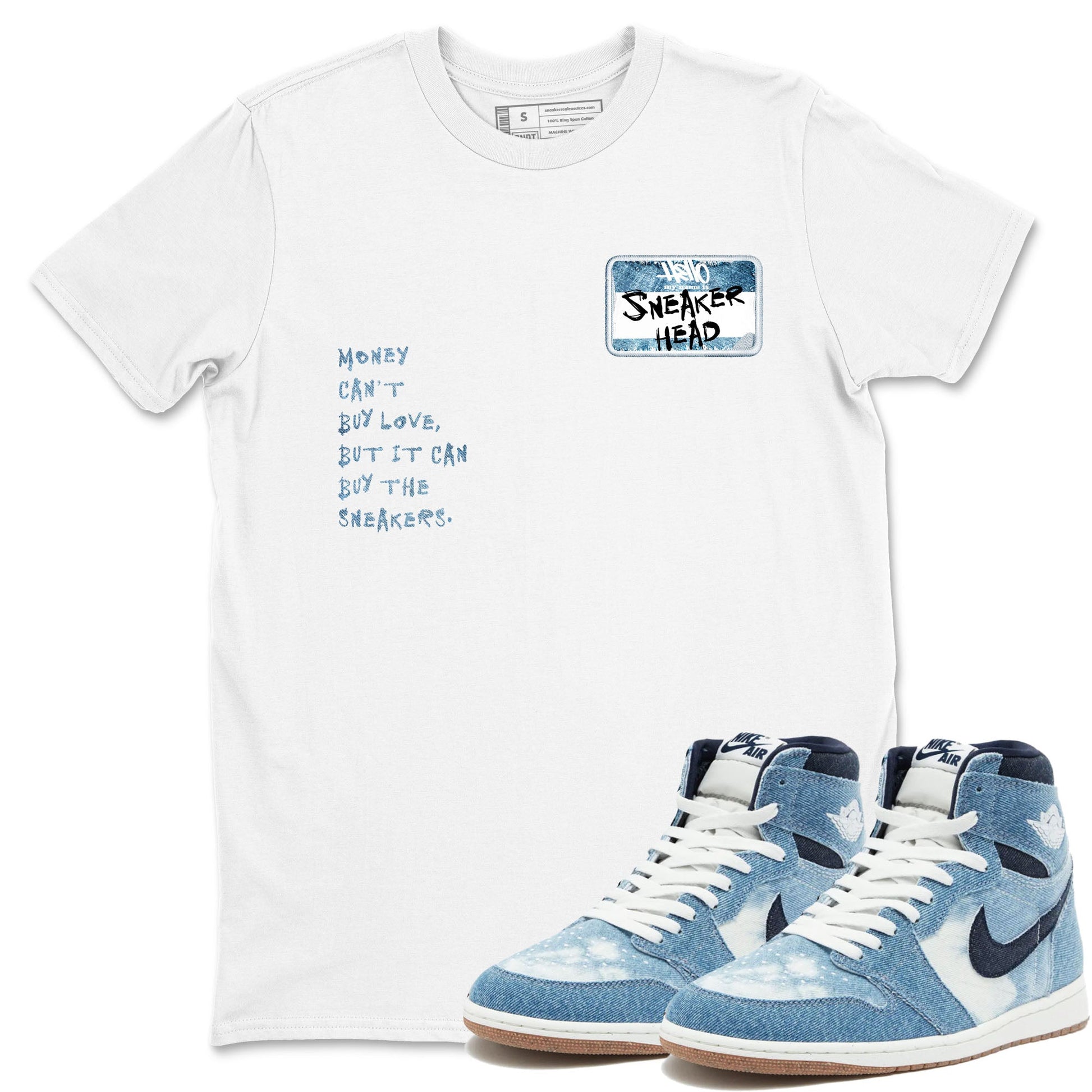 1s Denim shirt to match jordans Sneakerhead Badge sneaker tees Air Jordan 1 Denim SNRT Sneaker Release Tees unisex cotton White 1 crew neck shirt