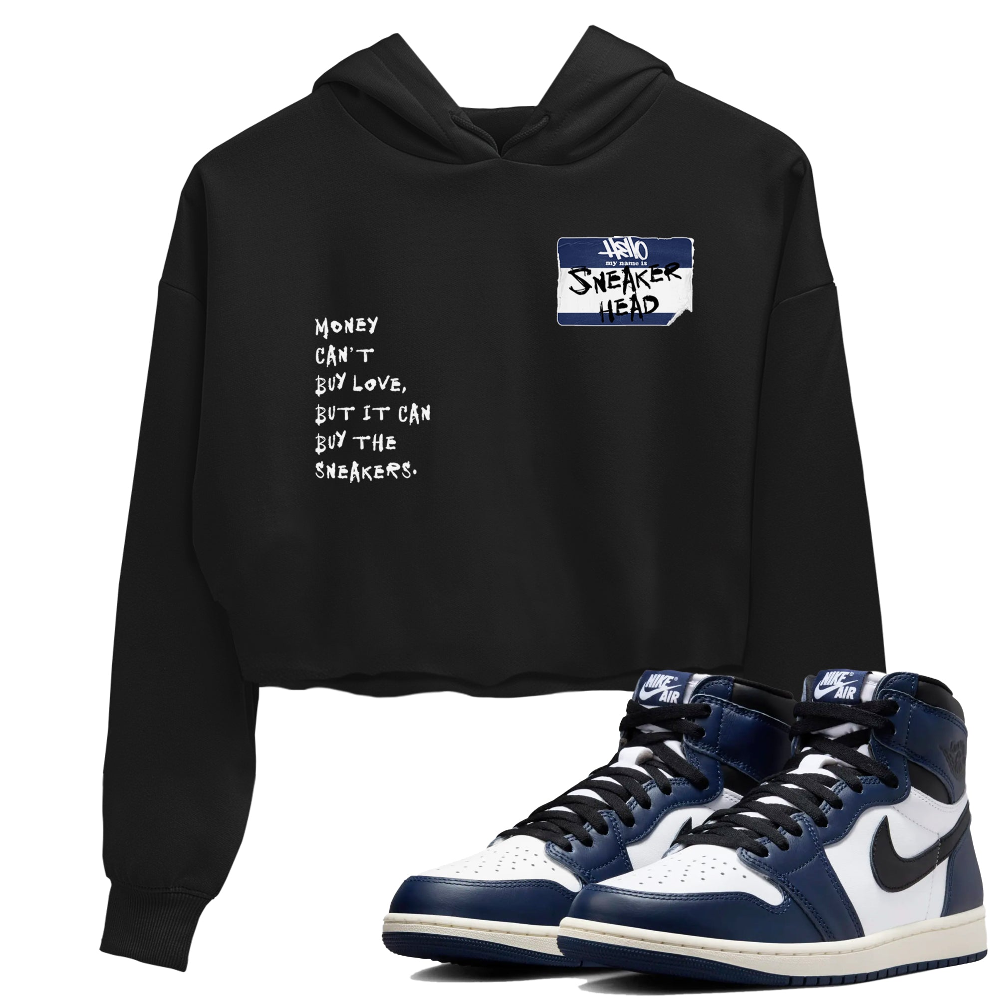 1s Midnight Navy shirts to match jordans Sneakerhead Badge sneaker match tees Air Jordan 1 Midnight Navy match shoes to clothes SNRT Sneaker Tees unisex cotton Black 1 crop tee