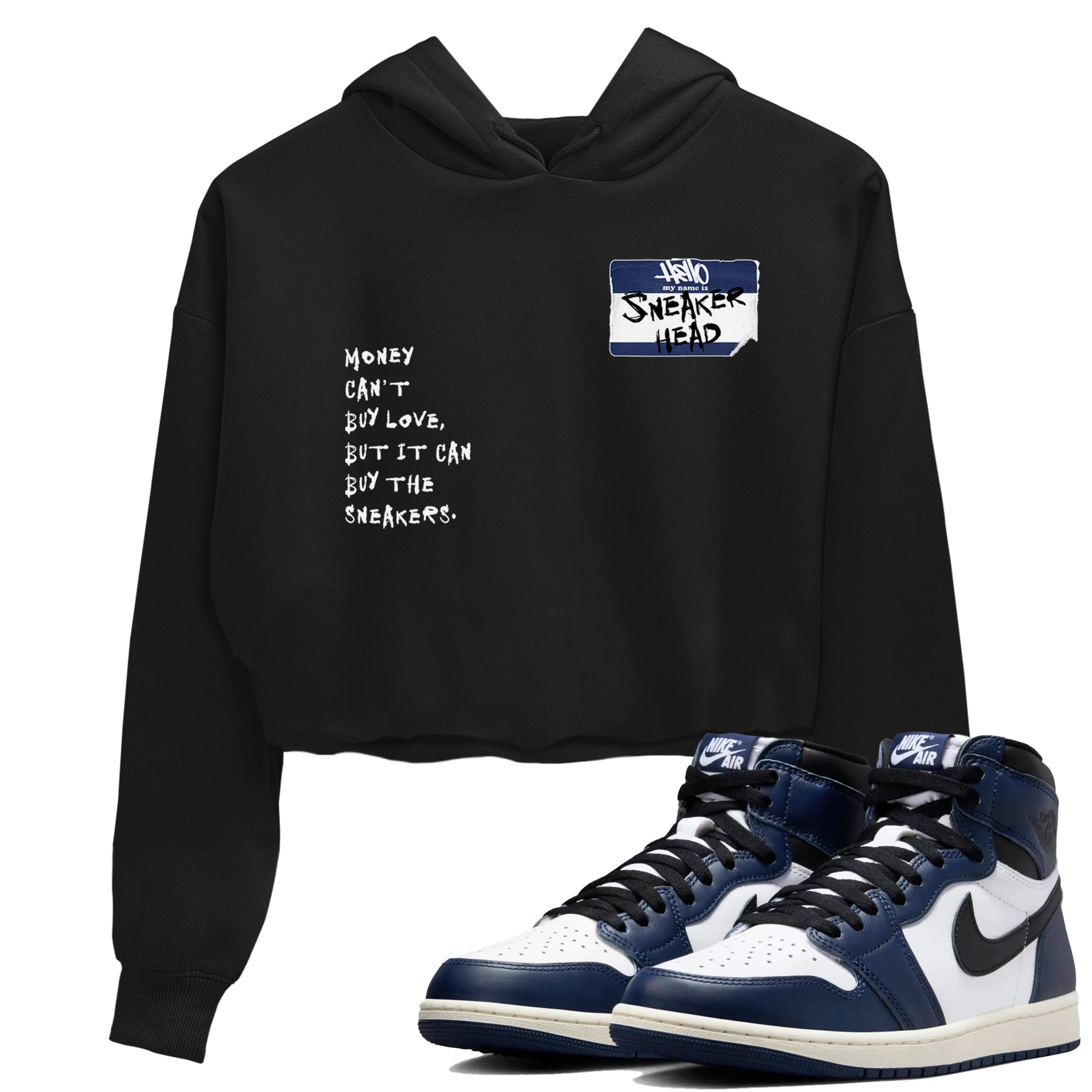 1s Midnight Navy shirts to match jordans Sneakerhead Badge sneaker match tees Air Jordan 1 Midnight Navy match shoes to clothes SNRT Sneaker Tees unisex cotton Black 1 crop tee