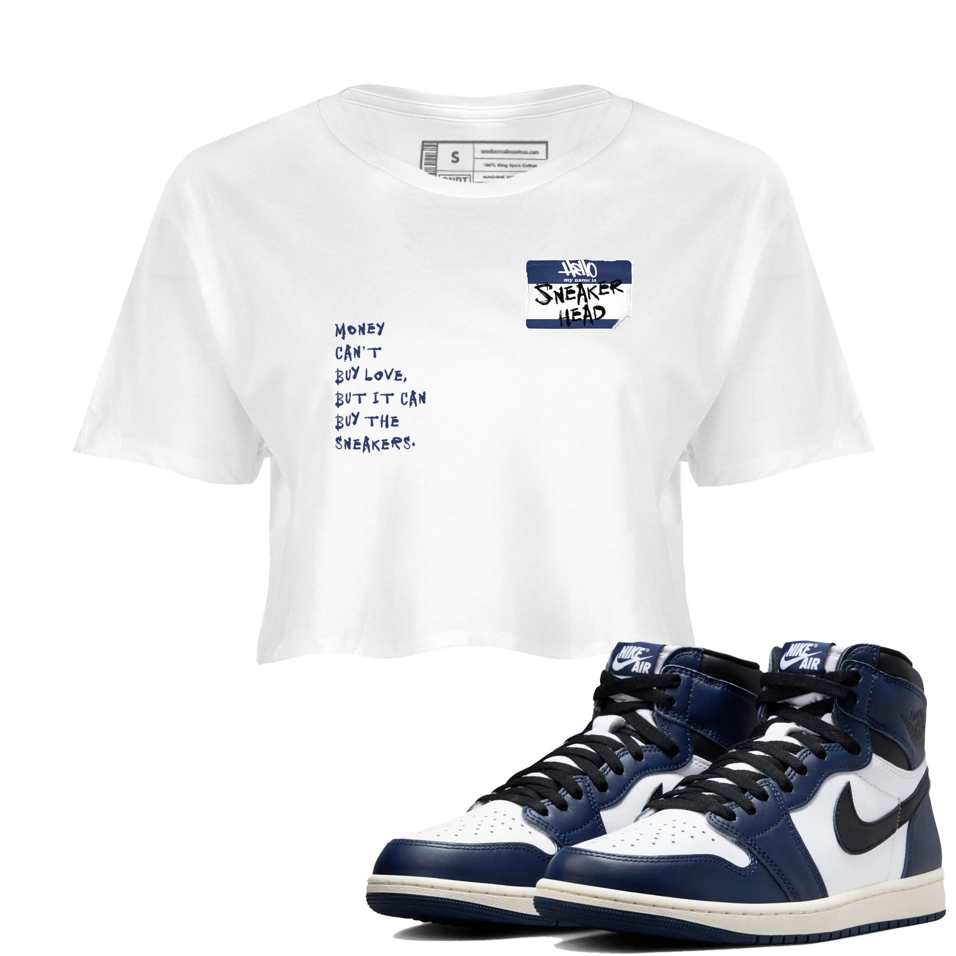 1s Midnight Navy shirts to match jordans Sneakerhead Badge sneaker match tees Air Jordan 1 Midnight Navy match shoes to clothes SNRT Sneaker Tees unisex cotton White 1 crop tee