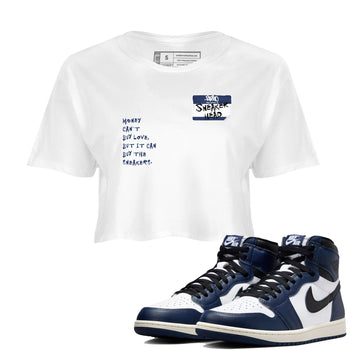 1s Midnight Navy shirts to match jordans Sneakerhead Badge sneaker match tees Air Jordan 1 Midnight Navy match shoes to clothes SNRT Sneaker Tees unisex cotton White 1 crop tee