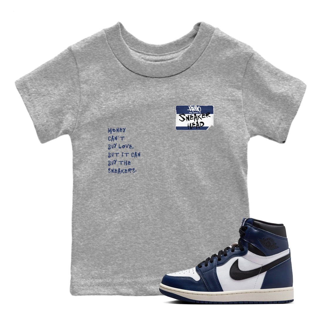 1s Midnight Navy shirts to match jordans Sneakerhead Badge sneaker match tees Air Jordan 1 Midnight Navy match shoes to clothes SNRT Sneaker Tees Youth Baby Heather Grey 1 tee