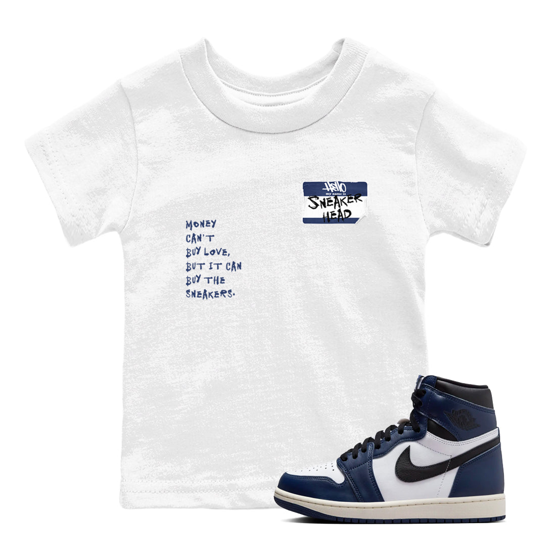 1s Midnight Navy shirts to match jordans Sneakerhead Badge sneaker match tees Air Jordan 1 Midnight Navy match shoes to clothes SNRT Sneaker Tees Youth Baby White 1 tee