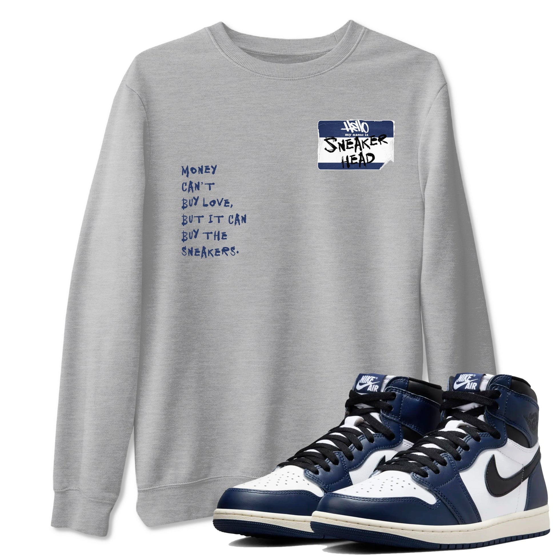 1s Midnight Navy shirts to match jordans Sneakerhead Badge sneaker match tees Air Jordan 1 Midnight Navy match shoes to clothes SNRT Sneaker Tees unisex cotton Heather Grey 1 shirts
