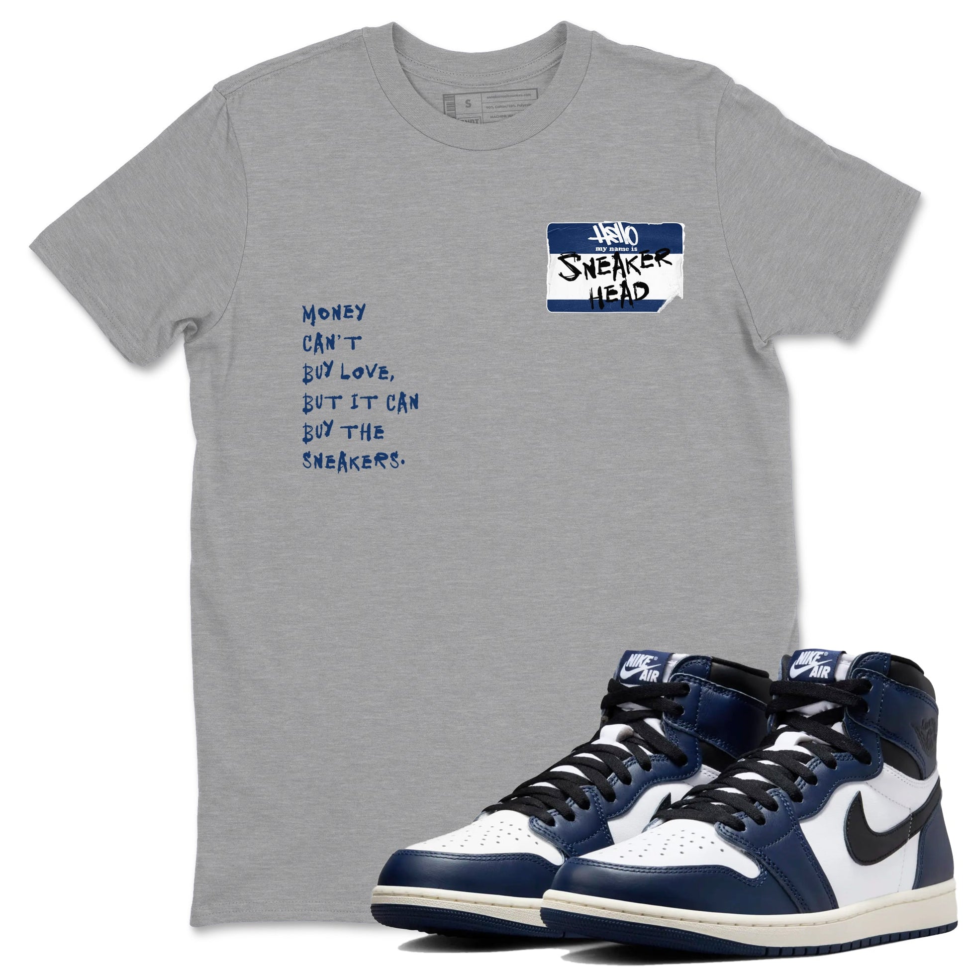 1s Midnight Navy shirts to match jordans Sneakerhead Badge sneaker match tees Air Jordan 1 Midnight Navy match shoes to clothes SNRT Sneaker Tees unisex cotton Heather Grey 1 shirts