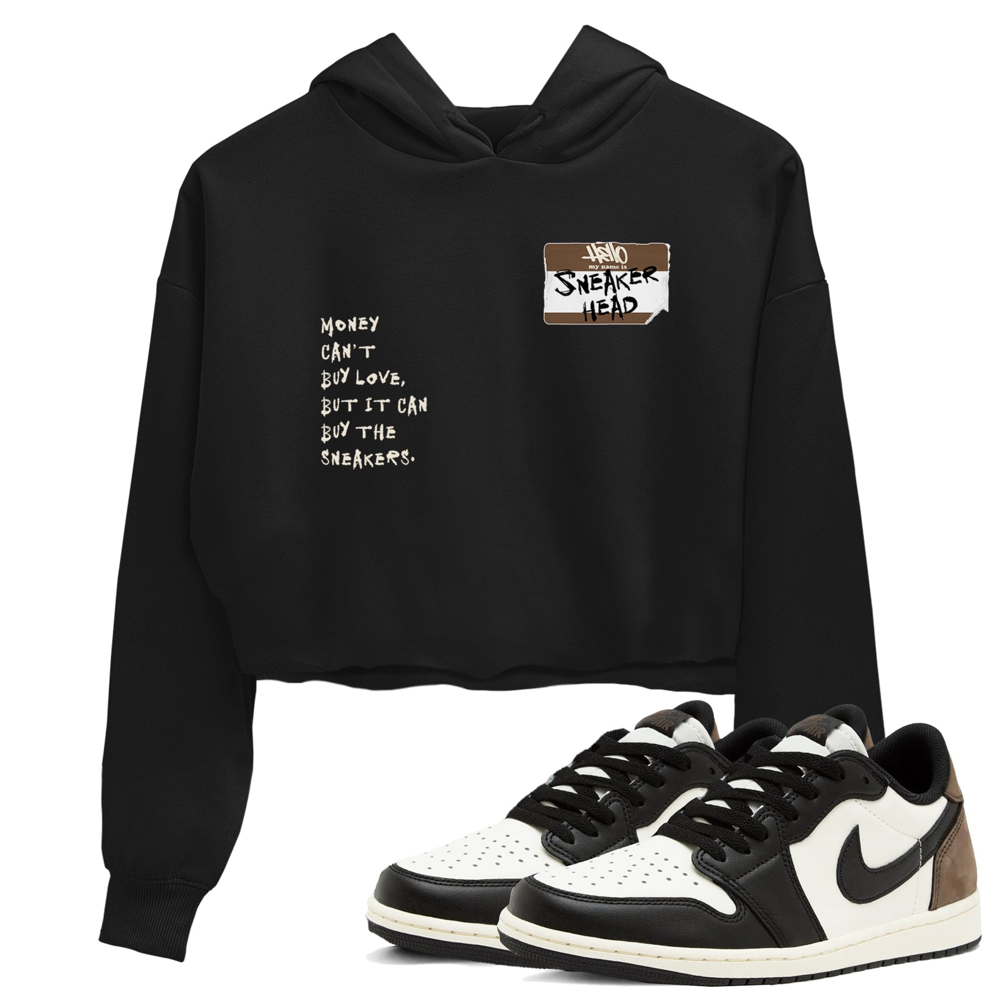 Air Jordan 1 Low Mocha shirts to match jordans Sneakerhead Badge sneaker match tees AJ1 Mocha SNRT Sneaker Tees streetwear brand Black 1 crop tee