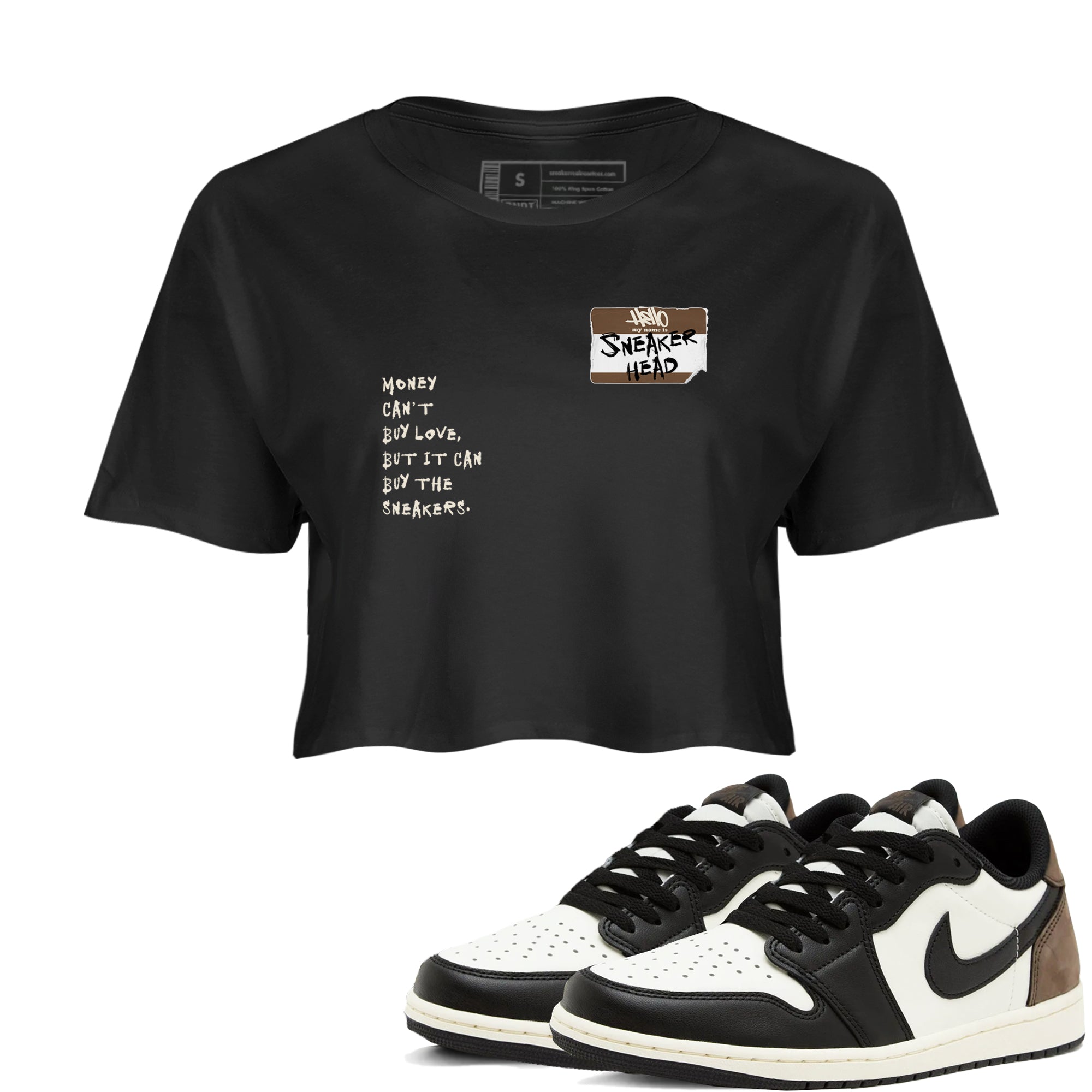 Air Jordan 1 Low Mocha shirts to match jordans Sneakerhead Badge sneaker match tees AJ1 Mocha SNRT Sneaker Tees streetwear brand Black 1 crop tee