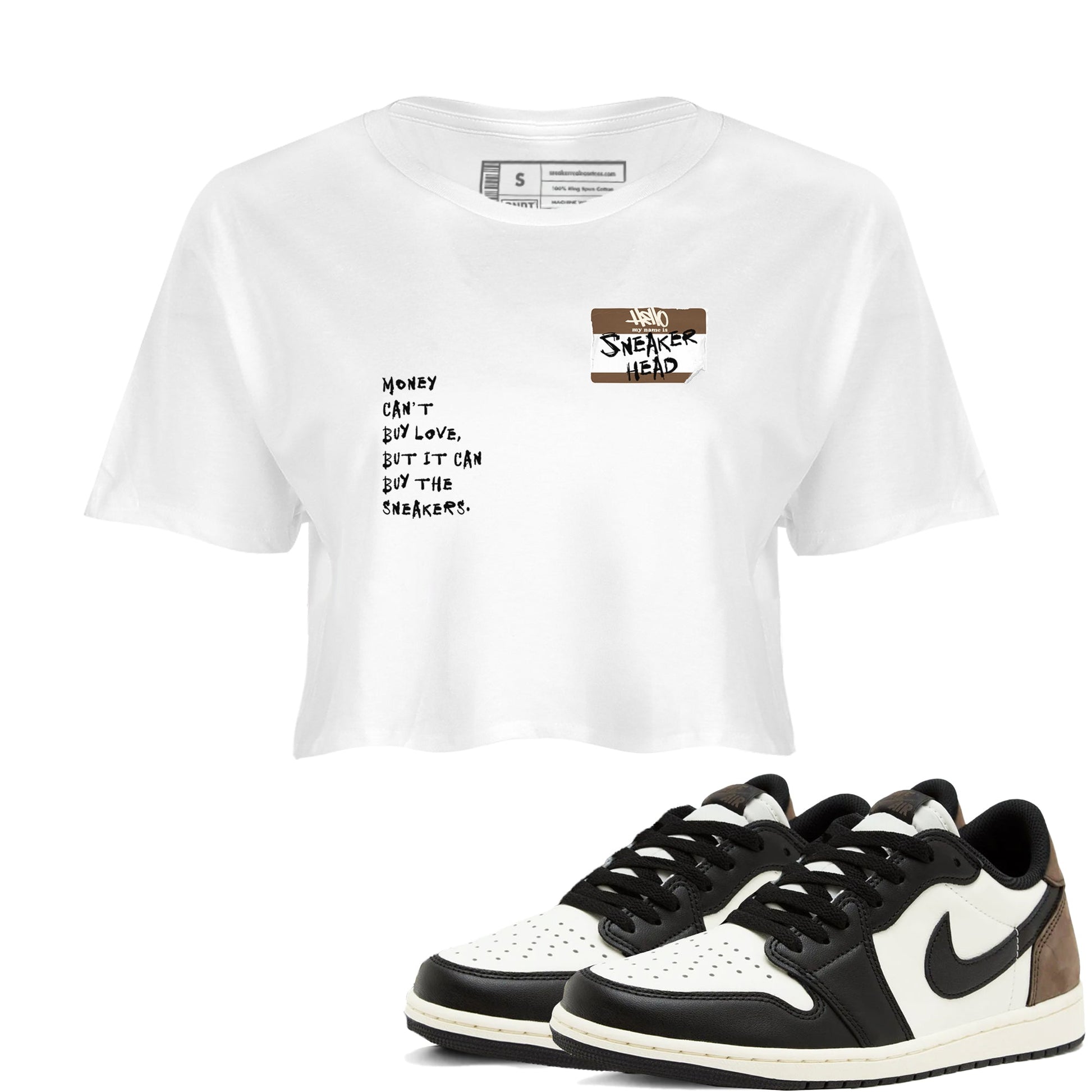 Air Jordan 1 Low Mocha shirts to match jordans Sneakerhead Badge sneaker match tees AJ1 Mocha SNRT Sneaker Tees streetwear brand White 1 crop tee
