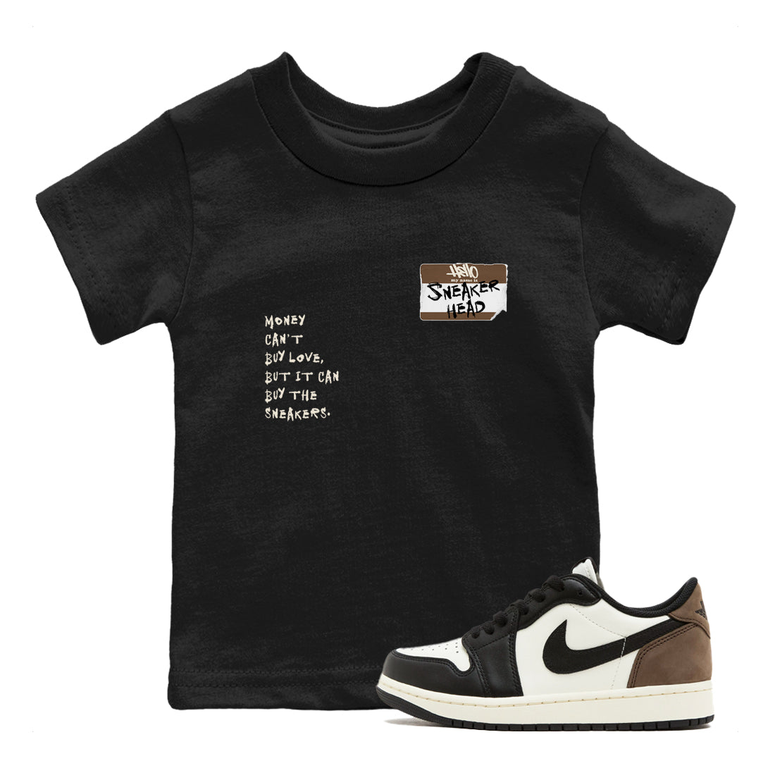Air Jordan 1 Low Mocha shirts to match jordans Sneakerhead Badge sneaker match tees AJ1 Mocha SNRT Sneaker Tees streetwear brand Baby and Youth Black 1 cotton tee