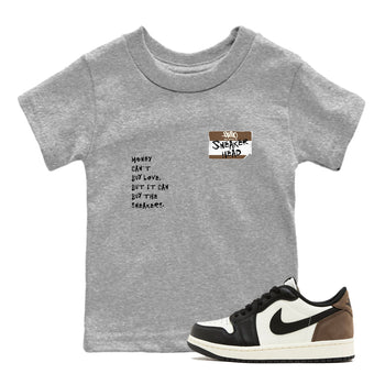 Air Jordan 1 Low Mocha shirts to match jordans Sneakerhead Badge sneaker match tees AJ1 Mocha SNRT Sneaker Tees streetwear brand Baby and Youth Heather Grey 1 cotton tee