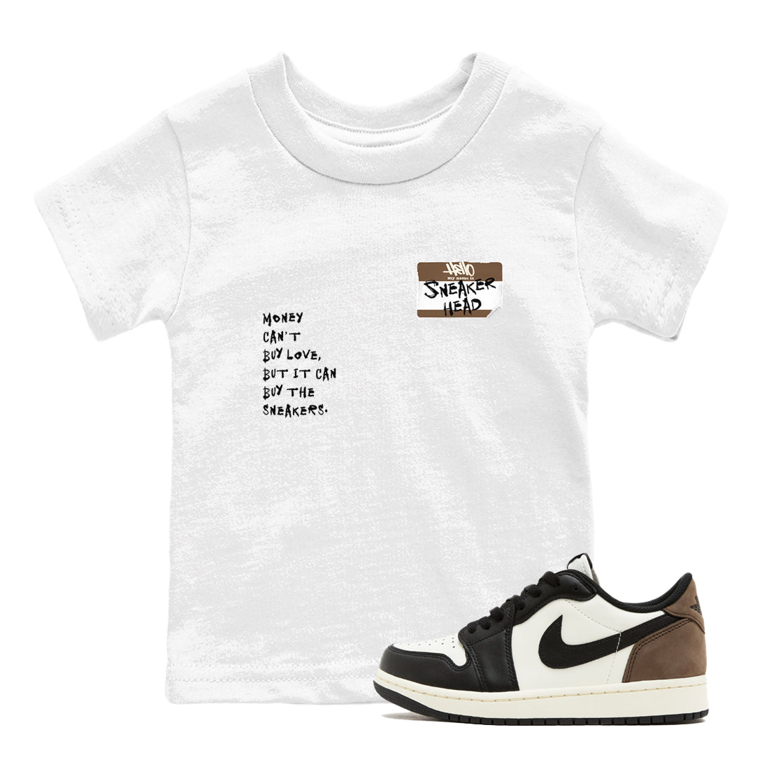 Air Jordan 1 Low Mocha shirts to match jordans Sneakerhead Badge sneaker match tees AJ1 Mocha SNRT Sneaker Tees streetwear brand Baby and Youth White 1 cotton tee