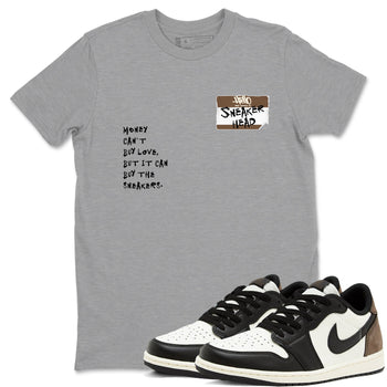 Air Jordan 1 Low Mocha shirts to match jordans Sneakerhead Badge sneaker match tees AJ1 Mocha SNRT Sneaker Tees streetwear brand Heather Grey 1 unisex cotton tee