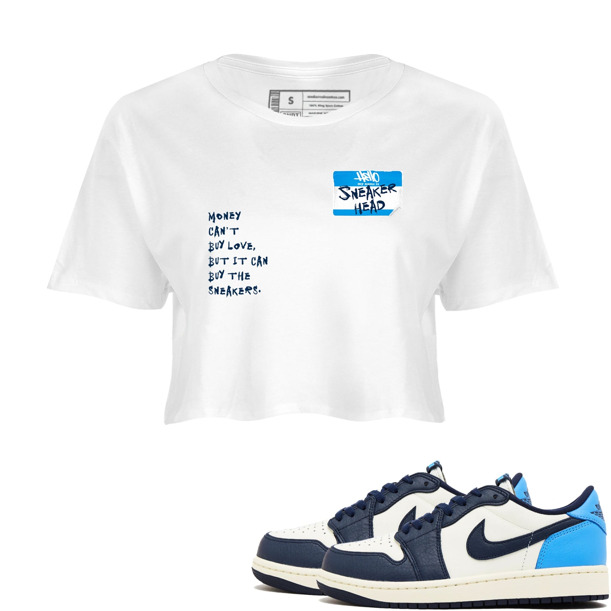 1s Obsidian shirts to match jordans Sneakerhead Badge shirts to match Jordans AJ1 Retro Low OG Obsidian match shoes to clothes SNRT Sneaker Tees unisex cotton White 1 crop tee