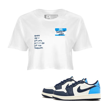 1s Obsidian shirts to match jordans Sneakerhead Badge shirts to match Jordans AJ1 Retro Low OG Obsidian match shoes to clothes SNRT Sneaker Tees unisex cotton White 1 crop tee