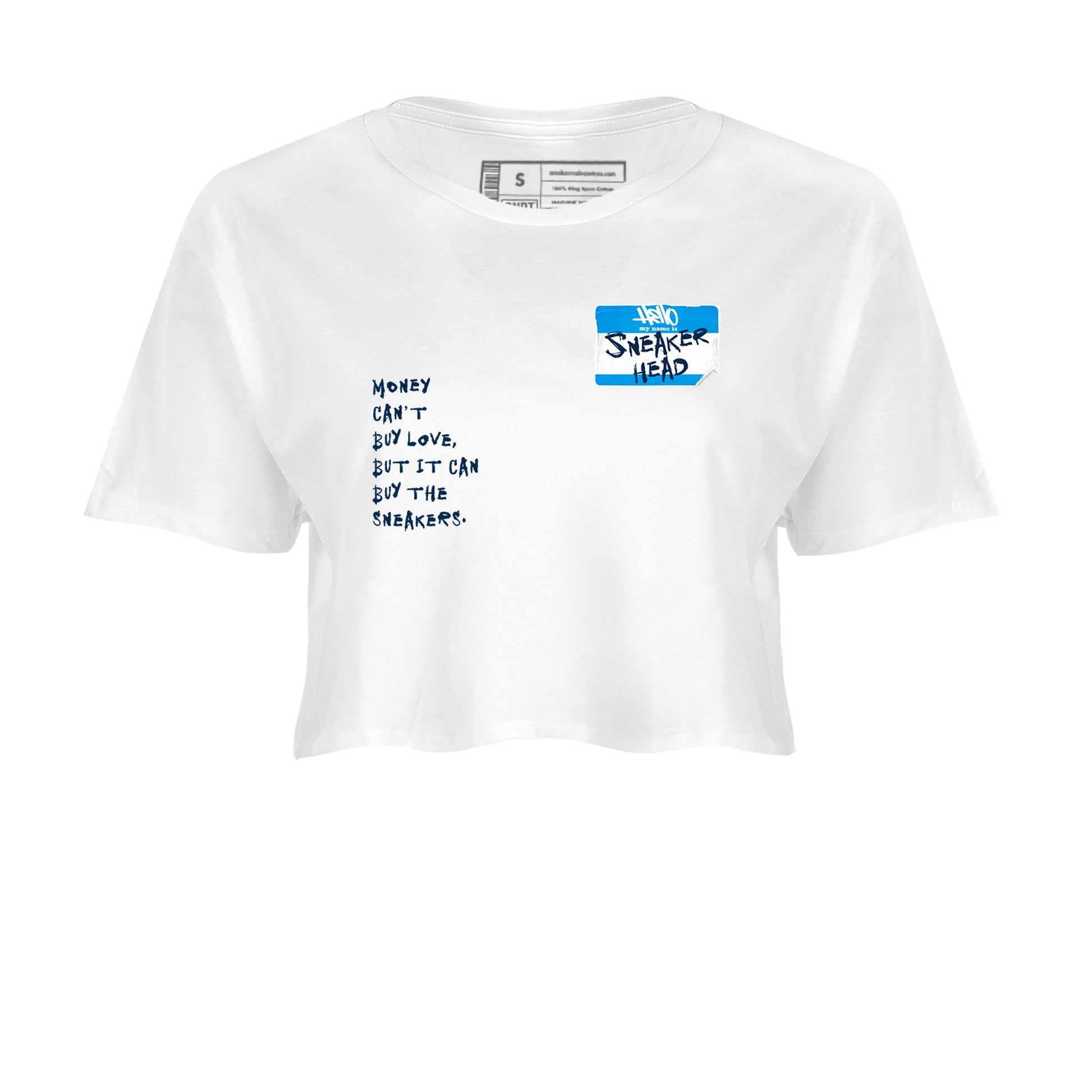 1s Obsidian shirts to match jordans Sneakerhead Badge shirts to match Jordans AJ1 Retro Low OG Obsidian match shoes to clothes SNRT Sneaker Tees unisex cotton White 2 crop tee