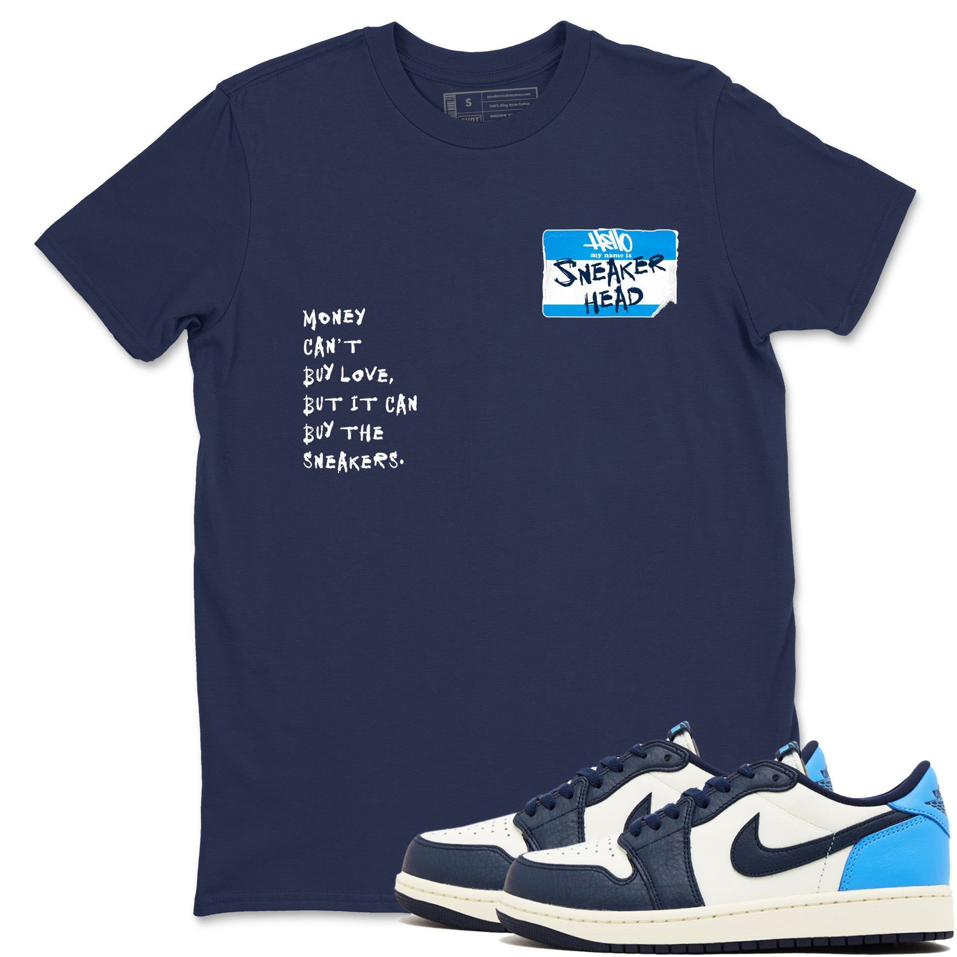 1s Obsidian shirts to match jordans Sneakerhead Badge shirts to match Jordans AJ1 Retro Low OG Obsidian match shoes to clothes SNRT Sneaker Tees unisex cotton Navy 1 shirts