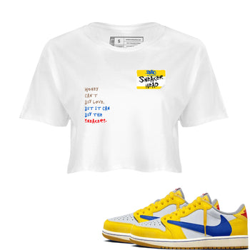 Air Jordan 1 Travis Scott Canary shirt to match jordans Sneakerhead Badge sneaker tees Air Jordan 1 Low x Travis Scott x Canary SNRT Sneaker Release Tees White 1 crop length shirt