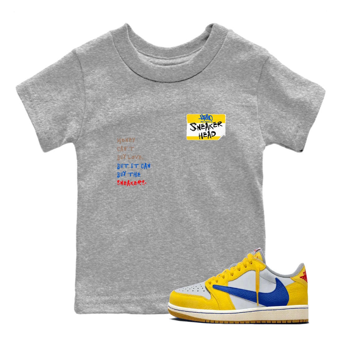 Air Jordan 1 Travis Scott Canary shirt to match jordans Sneakerhead Badge sneaker tees Air Jordan 1 Low x Travis Scott x Canary SNRT sneaker release tees baby toddler Heather Grey 1 cotton Shirt