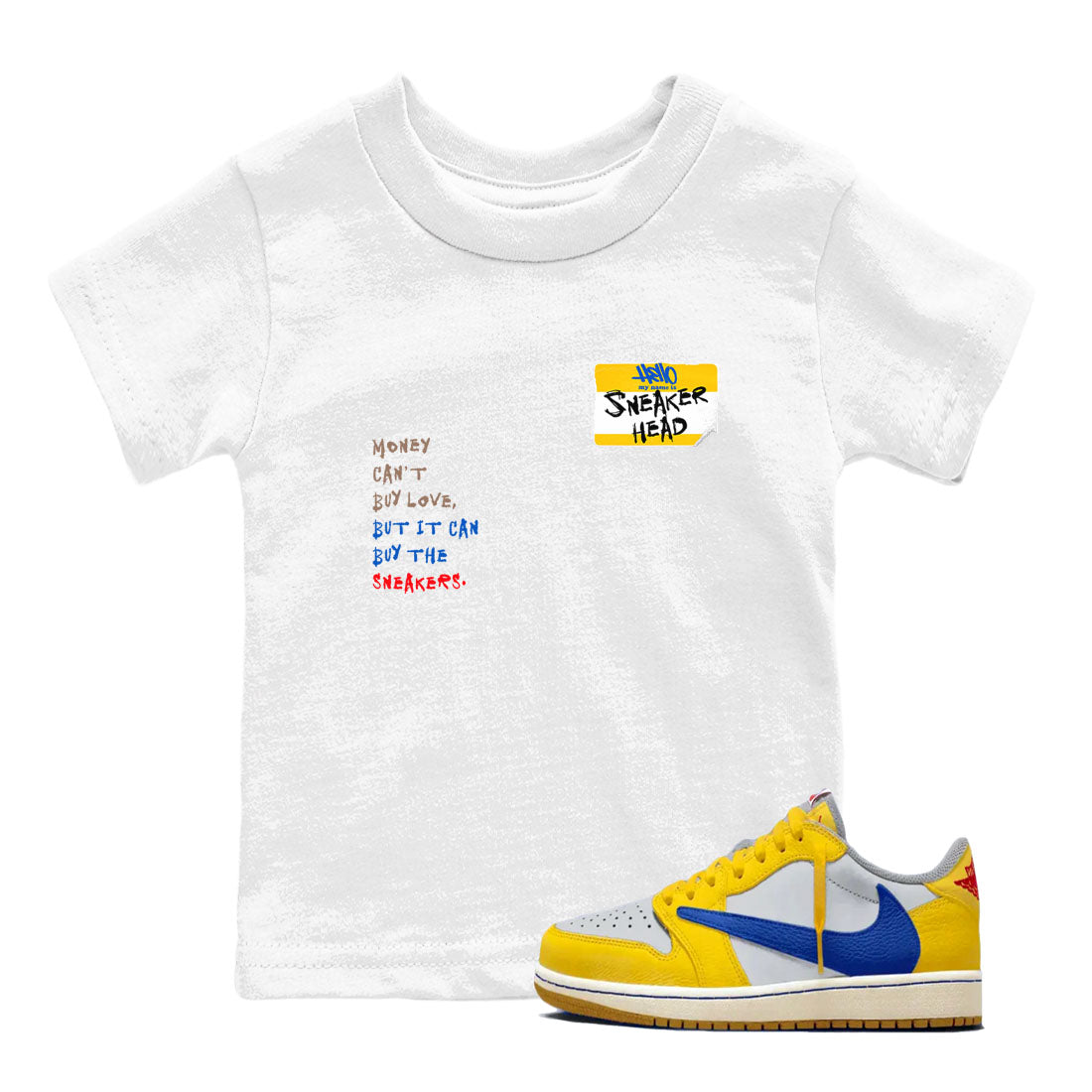 Air Jordan 1 Travis Scott Canary shirt to match jordans Sneakerhead Badge sneaker tees Air Jordan 1 Low x Travis Scott x Canary SNRT sneaker release tees baby toddler White 1 cotton Shirt