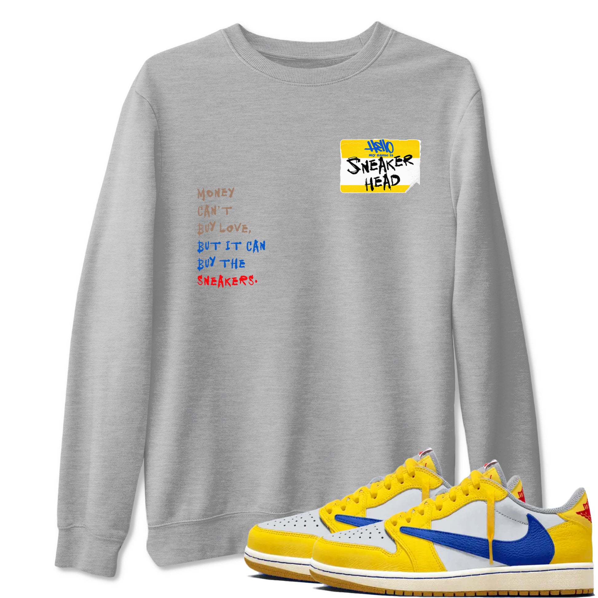 Air Jordan 1 Travis Scott Canary shirt to match jordans Sneakerhead Badge sneaker tees Air Jordan 1 Low x Travis Scott x Canary SNRT Sneaker Release Tees unisex cotton Heather Grey 1 crew neck shirt