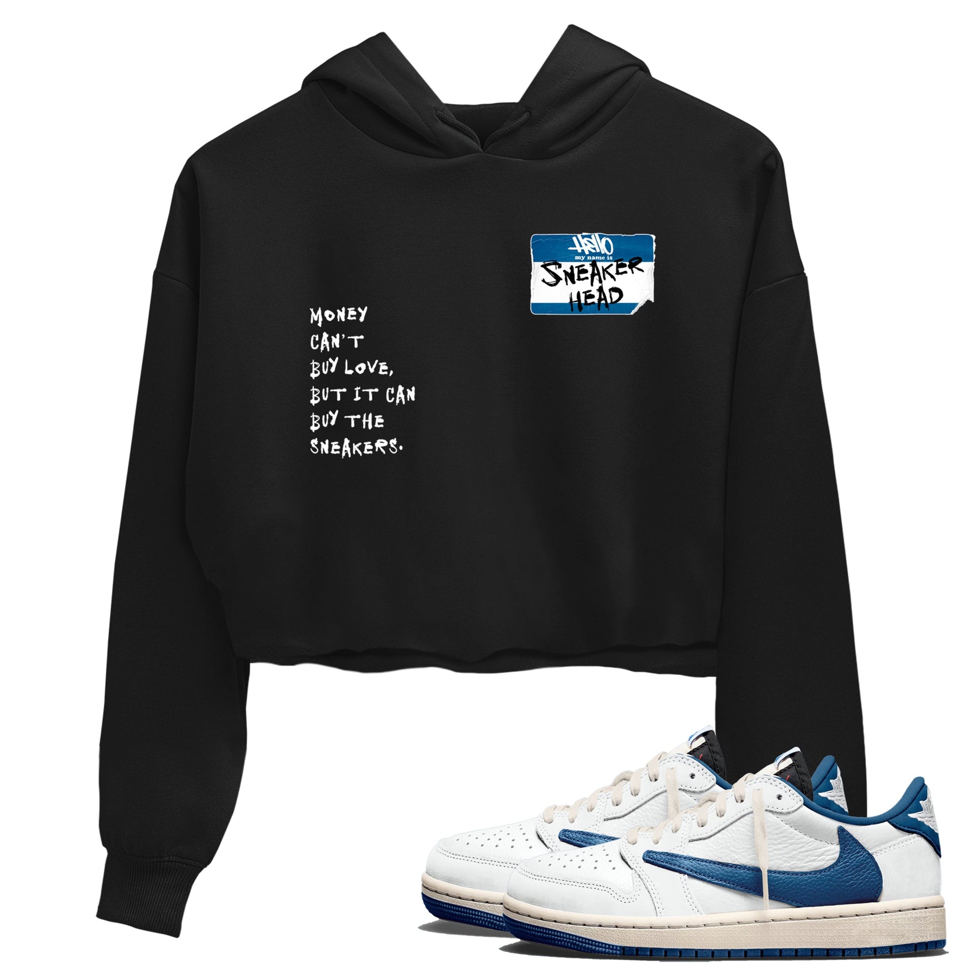 Sneakerhead Badge womens crop tee made to vibe with the Air Jordan 1 Travis Scott Fragment sneakers  the perfect match in Black 1.