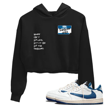 Sneakerhead Badge womens crop tee made to vibe with the Air Jordan 1 Travis Scott Fragment sneakers  the perfect match in Black 1.