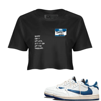 Sneakerhead Badge womens crop tee made to vibe with the Air Jordan 1 Travis Scott Fragment sneakers  the perfect match in Black 1.