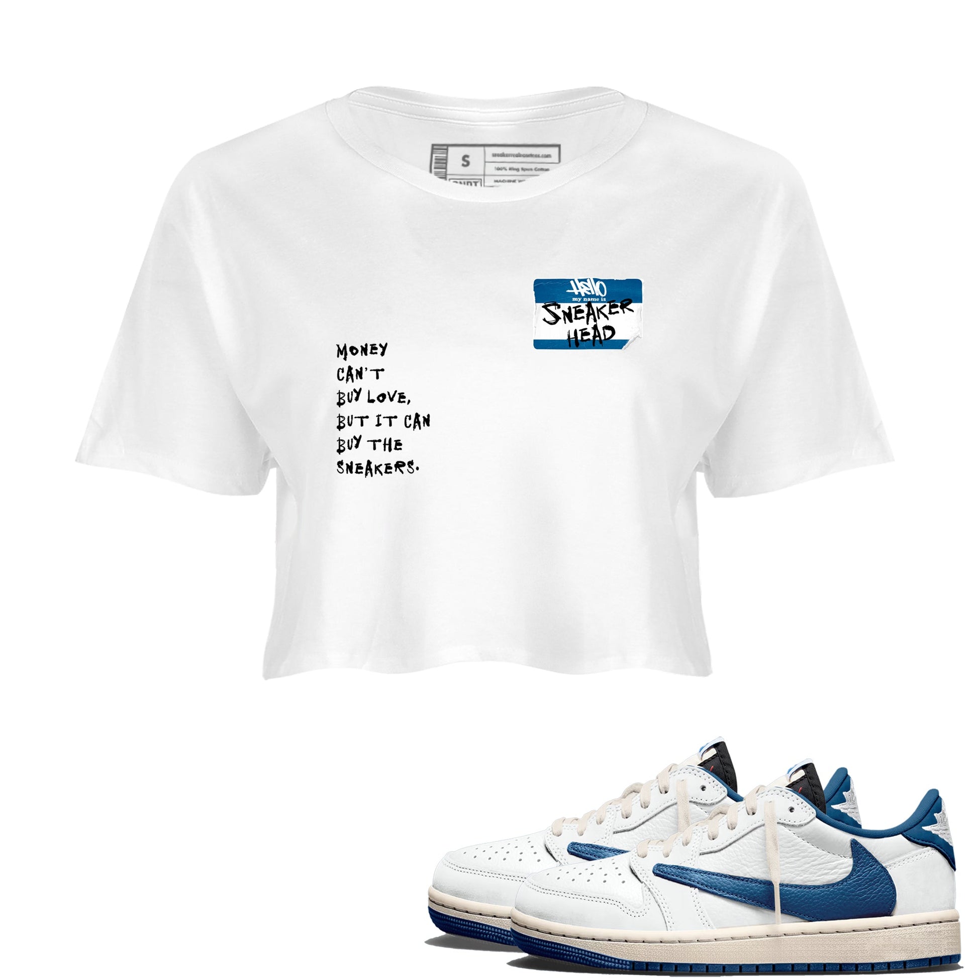 Sneakerhead Badge womens crop tee made to vibe with the Air Jordan 1 Travis Scott Fragment sneakers  the perfect match in White 1.