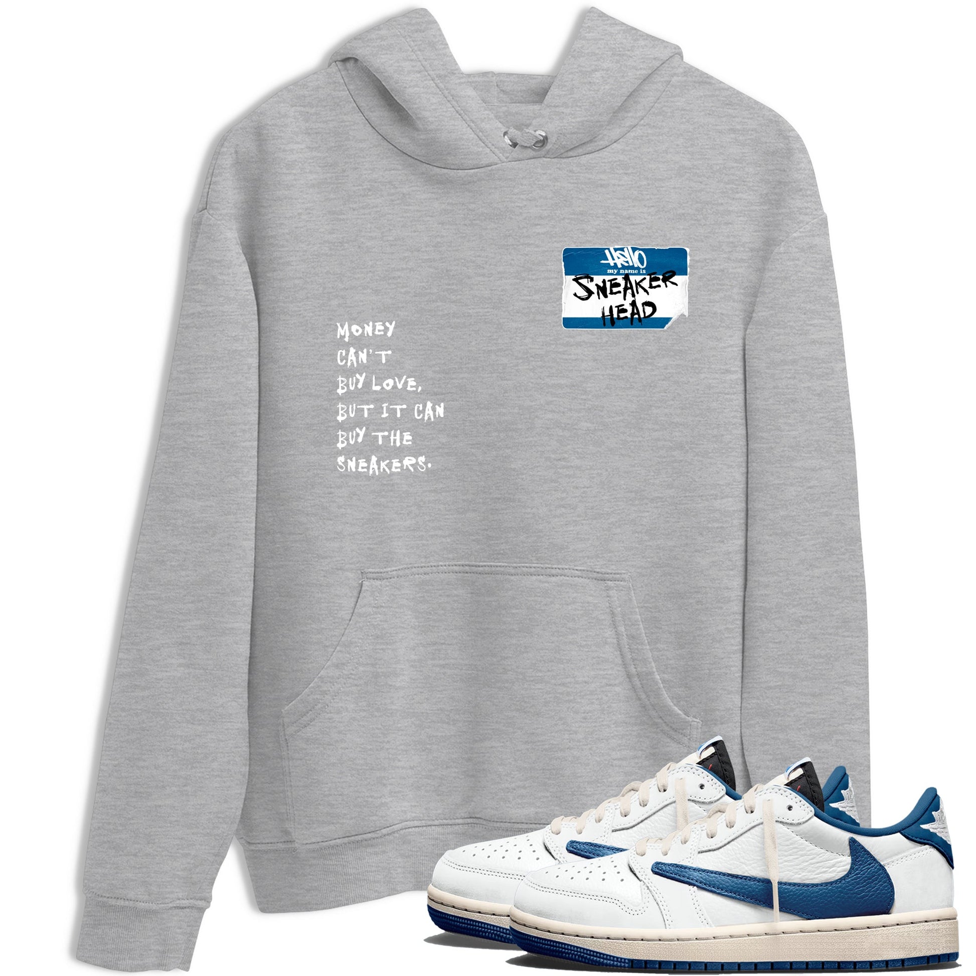 Sneakerhead Badge sneaker match t-shirt styled to complete your fit with the Air Jordan 1 Travis Scott Fragment sneakers, shown in Heather Grey 1.