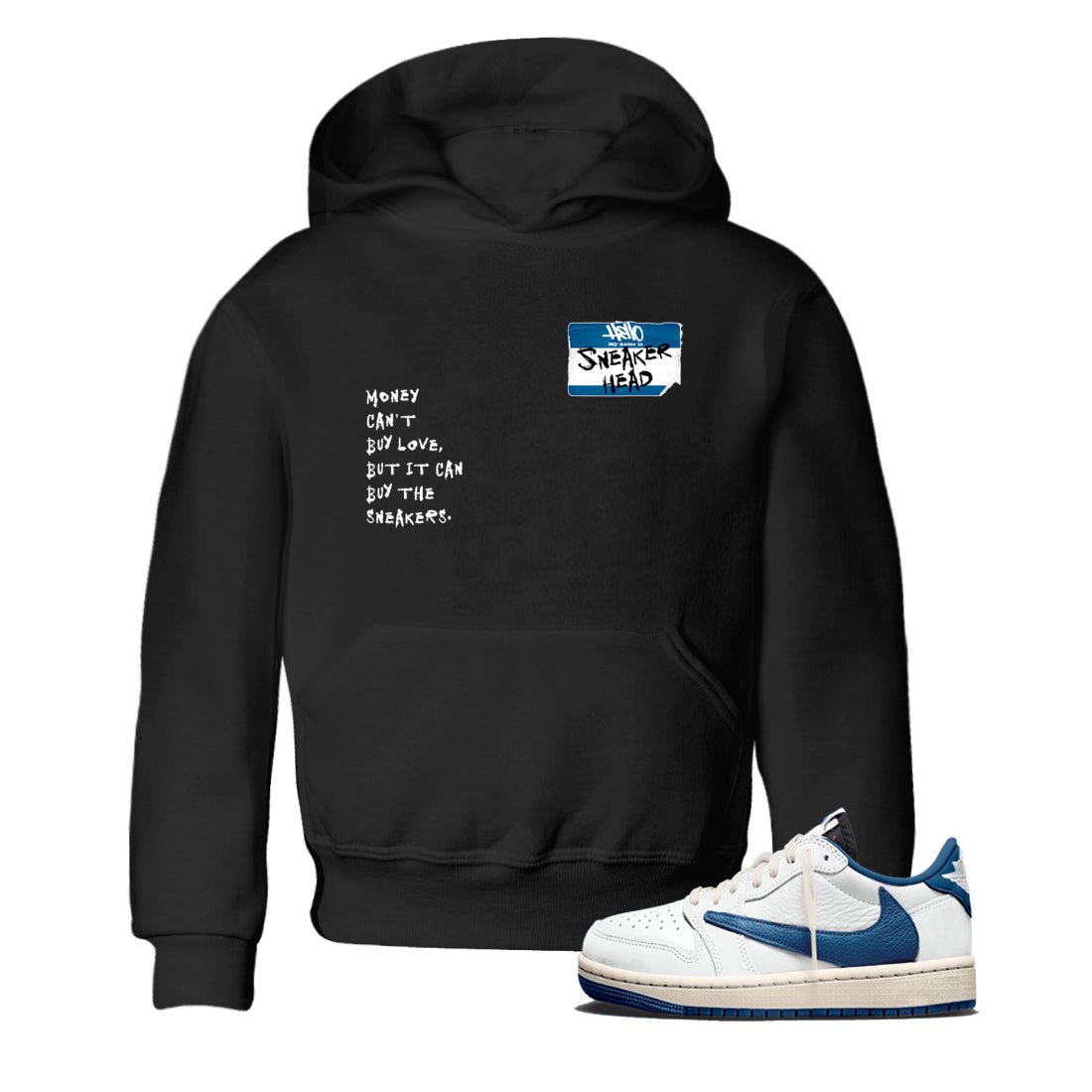 Sneakerhead Badge baby and kids t-shirt crafted for little sneakerheads to shine with the Air Jordan 1 Travis Scott Fragment sneakers, displayed in Black 1.