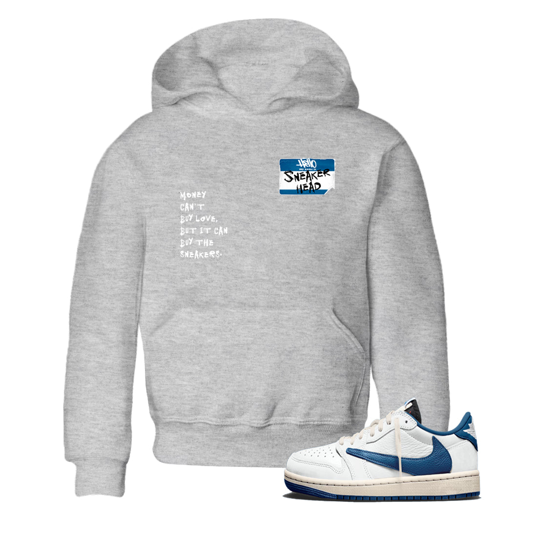 Sneakerhead Badge baby and kids t-shirt crafted for little sneakerheads to shine with the Air Jordan 1 Travis Scott Fragment sneakers, displayed in Heather Grey 1.