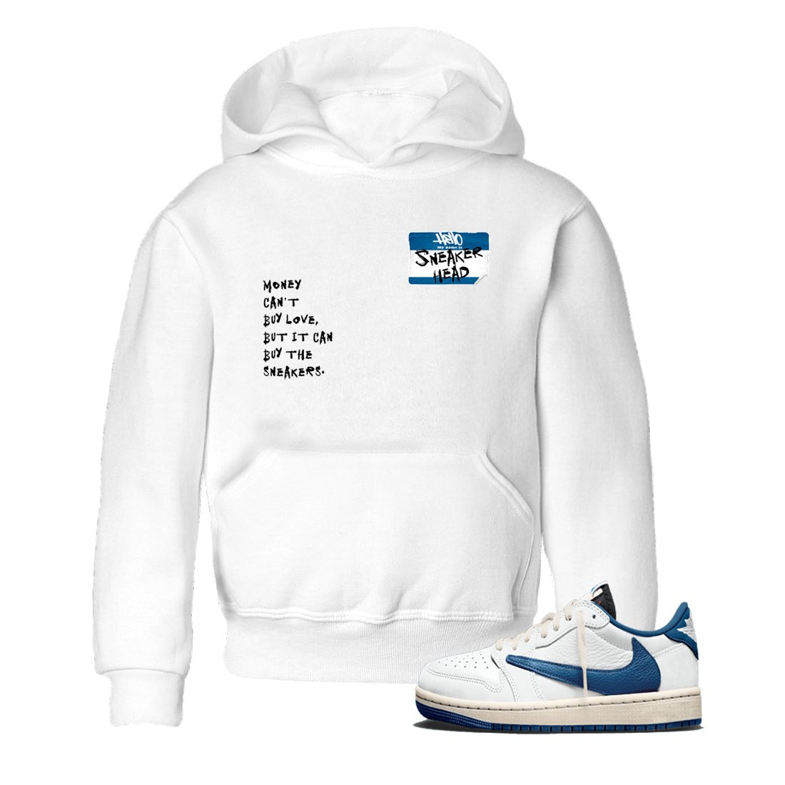 Sneakerhead Badge baby and kids t-shirt crafted for little sneakerheads to shine with the Air Jordan 1 Travis Scott Fragment sneakers, displayed in White 1.