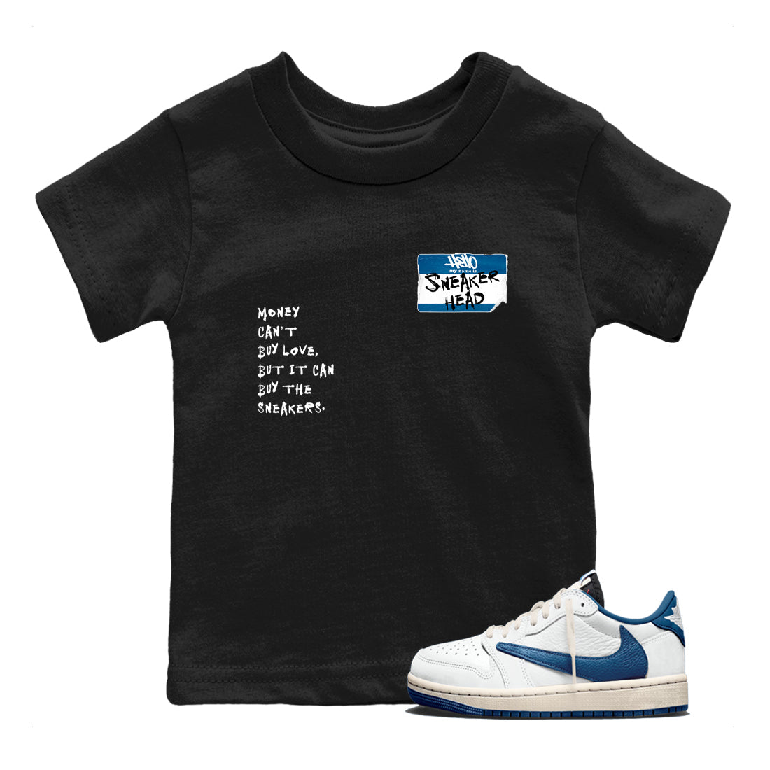 Sneakerhead Badge baby and kids t-shirt crafted for little sneakerheads to shine with the Air Jordan 1 Travis Scott Fragment sneakers, displayed in Black 1.