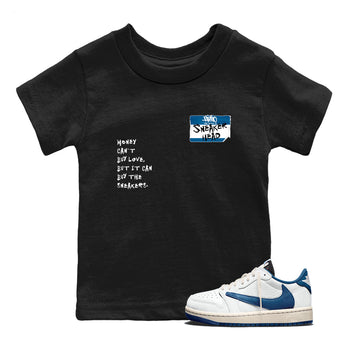 Sneakerhead Badge baby and kids t-shirt crafted for little sneakerheads to shine with the Air Jordan 1 Travis Scott Fragment sneakers, displayed in Black 1.
