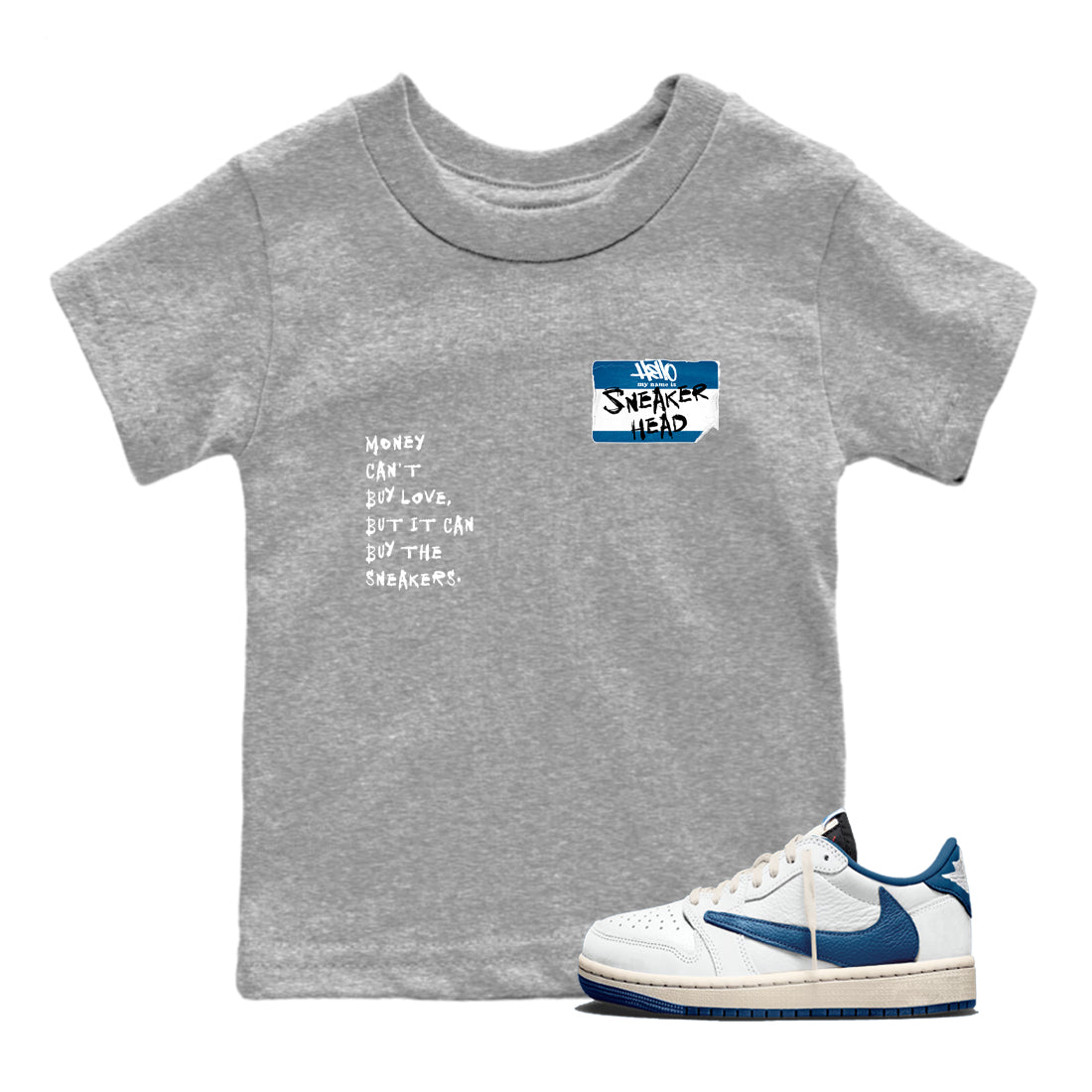 Sneakerhead Badge baby and kids t-shirt crafted for little sneakerheads to shine with the Air Jordan 1 Travis Scott Fragment sneakers, displayed in Heather Grey 1.