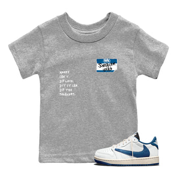 Sneakerhead Badge baby and kids t-shirt crafted for little sneakerheads to shine with the Air Jordan 1 Travis Scott Fragment sneakers, displayed in Heather Grey 1.