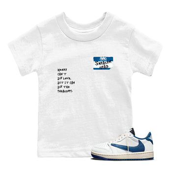 Sneakerhead Badge baby and kids t-shirt crafted for little sneakerheads to shine with the Air Jordan 1 Travis Scott Fragment sneakers, displayed in White 1.