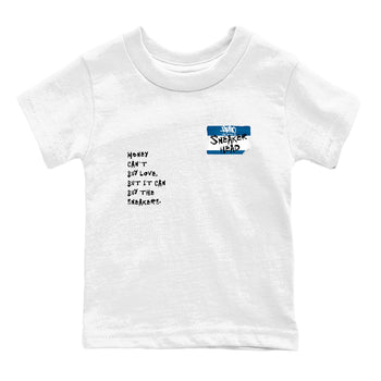Sneakerhead Badge baby and kids t-shirt crafted for little sneakerheads to shine with the Air Jordan 1 Travis Scott Fragment sneakers, displayed in White 2.